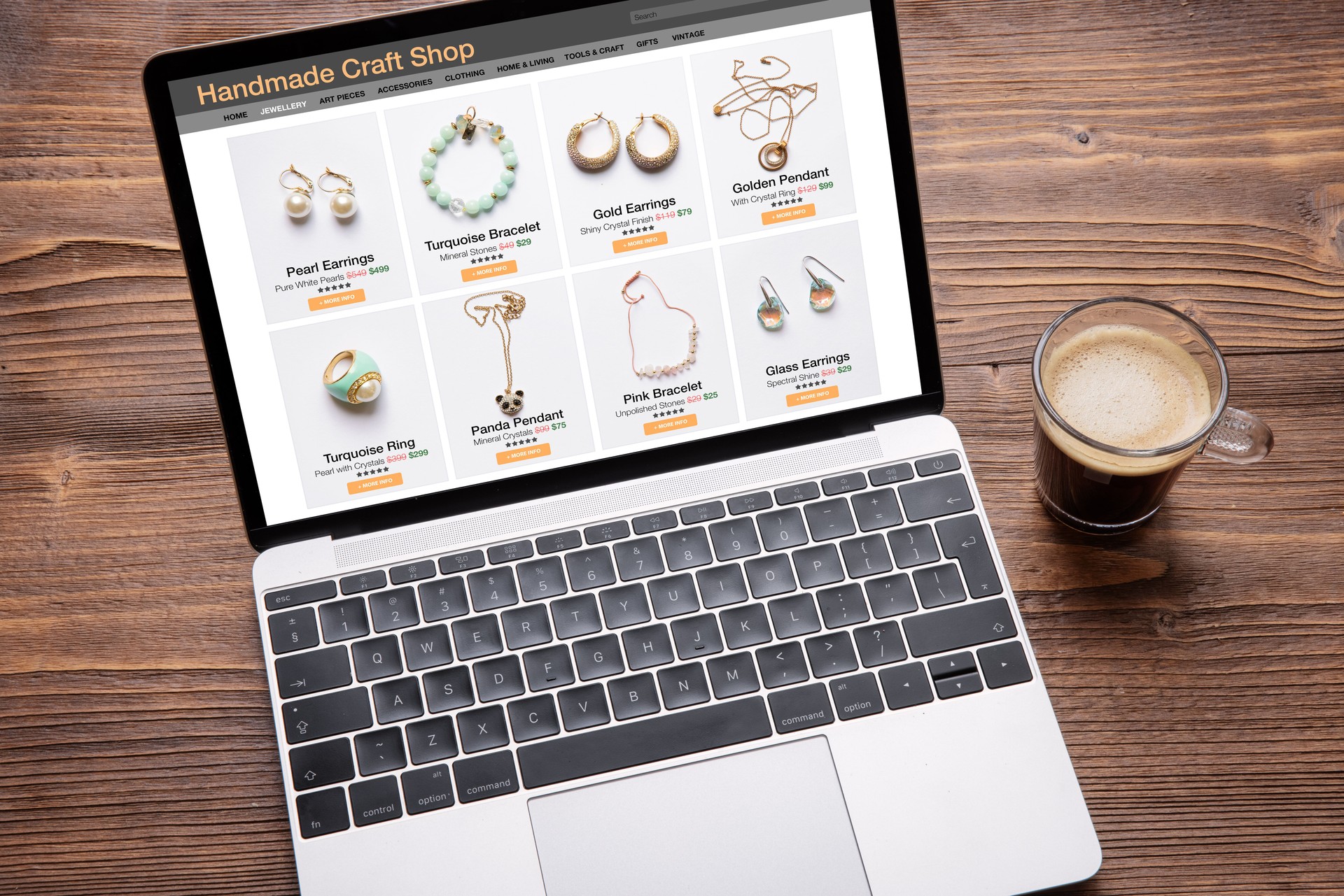 Online shop website for handmade jewelry viewed on laptop computer