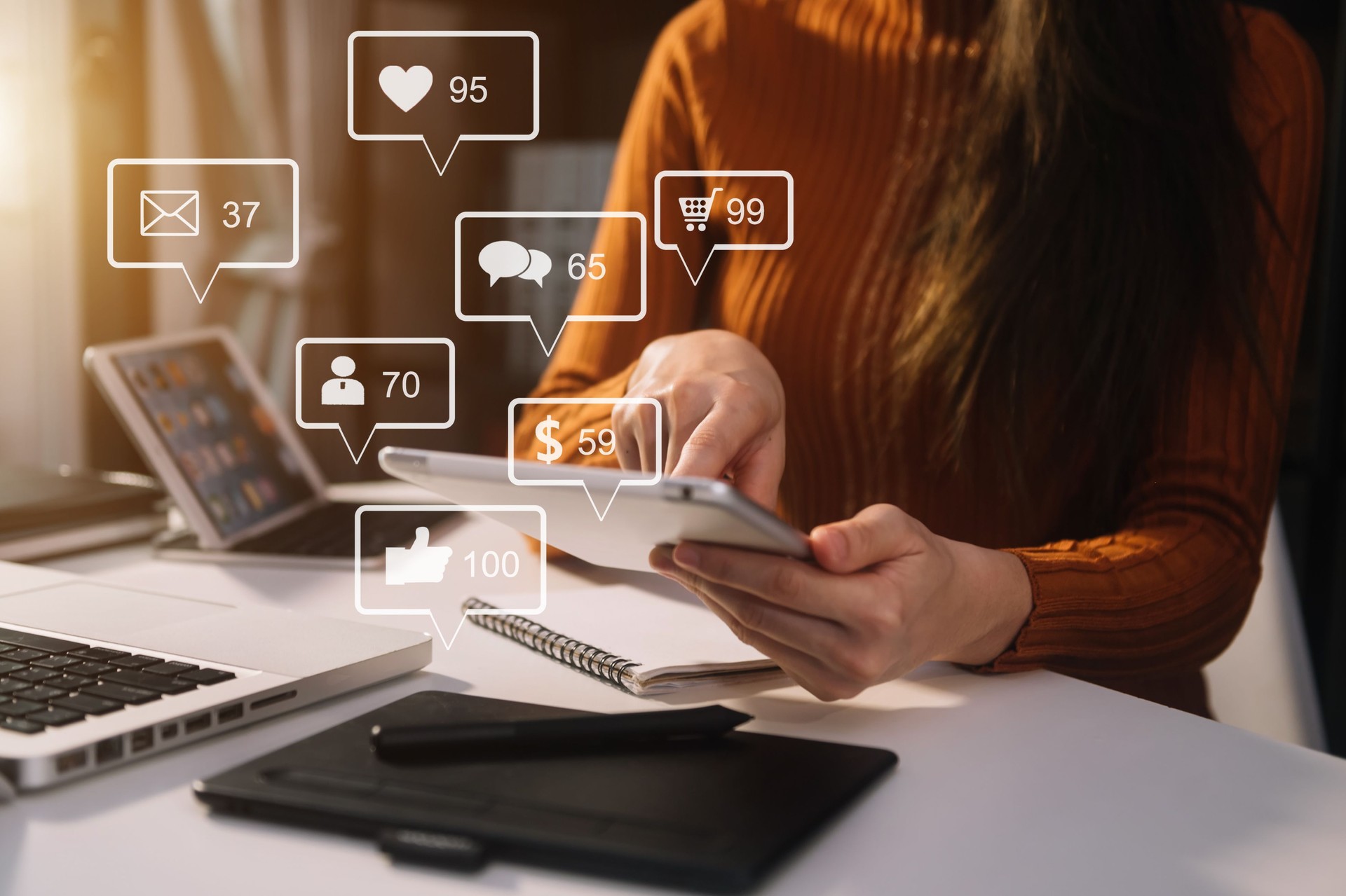 Social media and Marketing virtual icons screen concept.close up of businesswoman typing keyboard with laptop