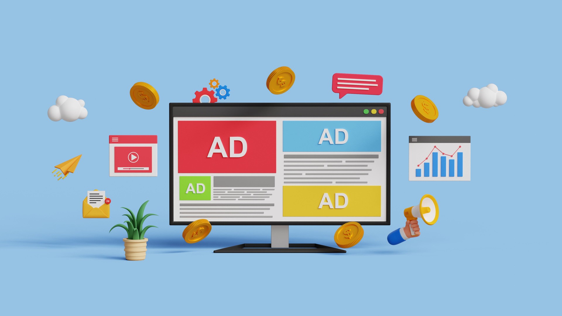 Online advertising on social media. PPC ad campaign. Targeted inbound ad. 3D digital marketing with programmatic social network advertising